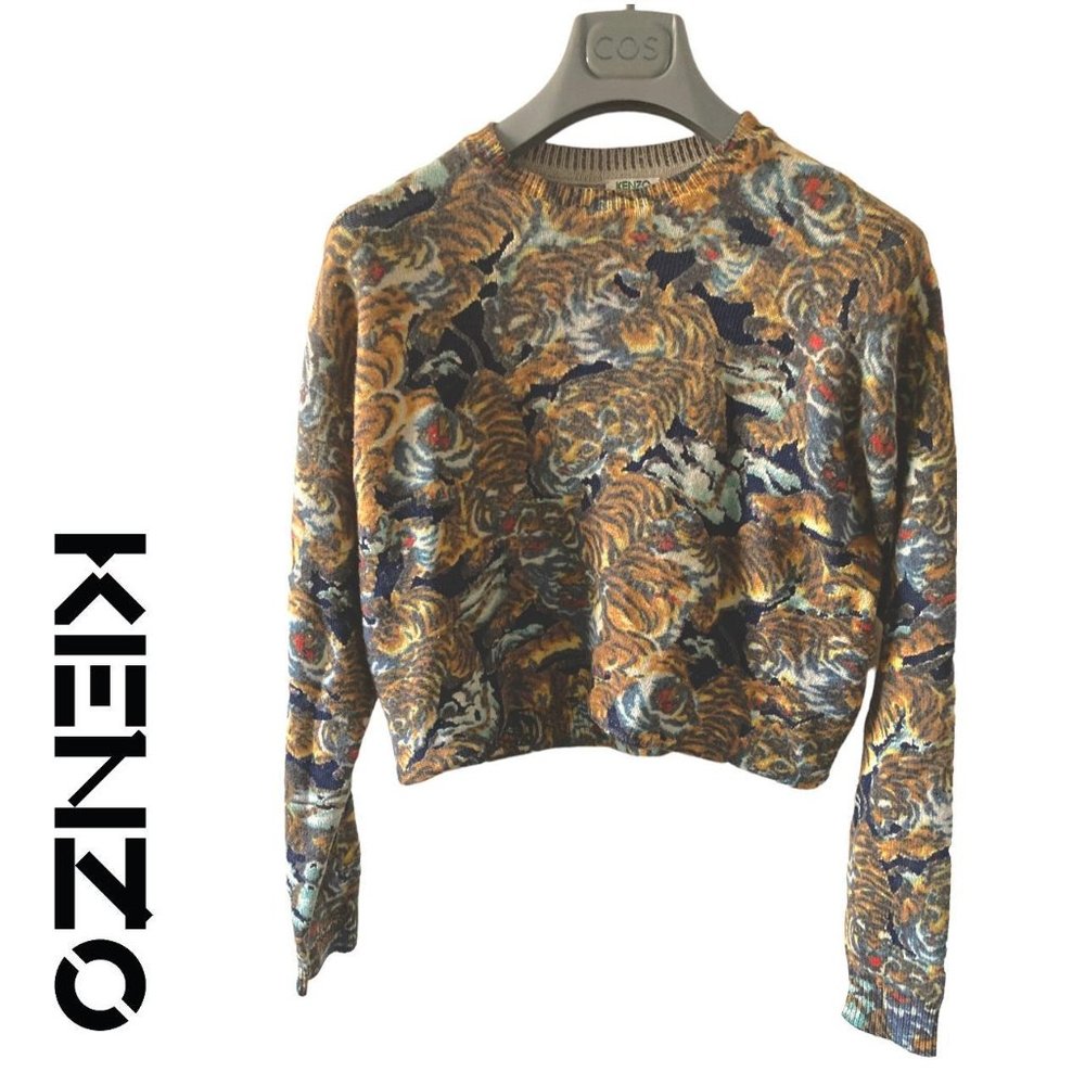 kenzo y2k flying tiger pattern knit with mesh lace wool poly mix sweater
